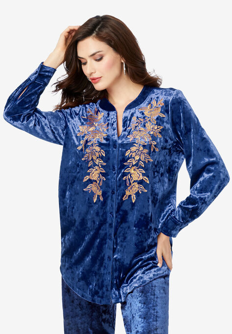 Embroidered Velour Button-Down Top, EVENING BLUE EMBROIDERED BLOOM, hi-res image number null