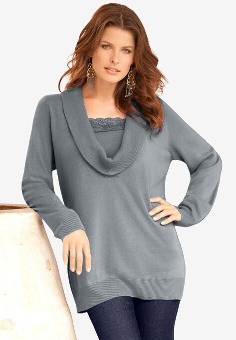 Lace-Trim Cowl Neck Sweater, GUNMETAL, hi-res image number null