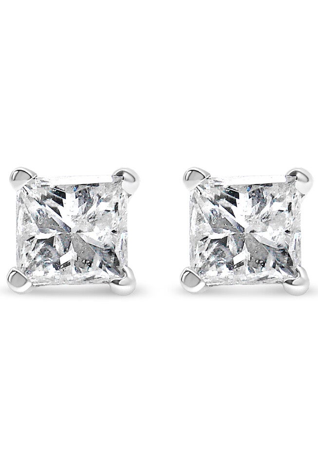 Princesscut Square Diamond 4Prong Solitaire Stud Earrings In White Gold (G-H Color), , on-hover image number 1
