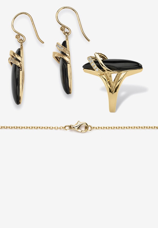 Yellow Gold-Plated Marquise Shaped Onyx And Round Ring Cubic Zirconia (1/2 Cttw) Jewelry, , on-hover image number 1