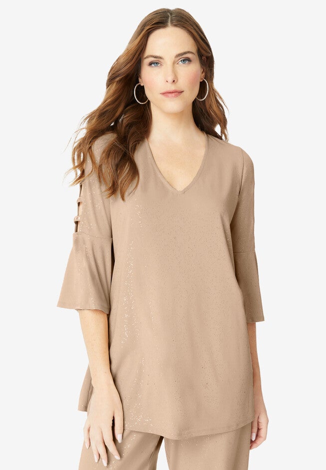 Embellished Lattice-Sleeve Ultrasmooth® Fabric Top, NEW KHAKI SPARKLE, hi-res image number 0