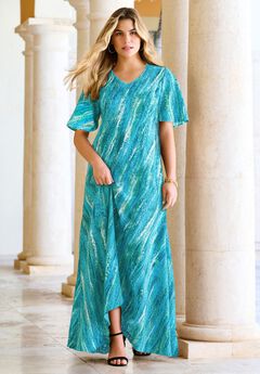 Plus Size Hand Crinkled Flutter-Sleeve Maxi Dress