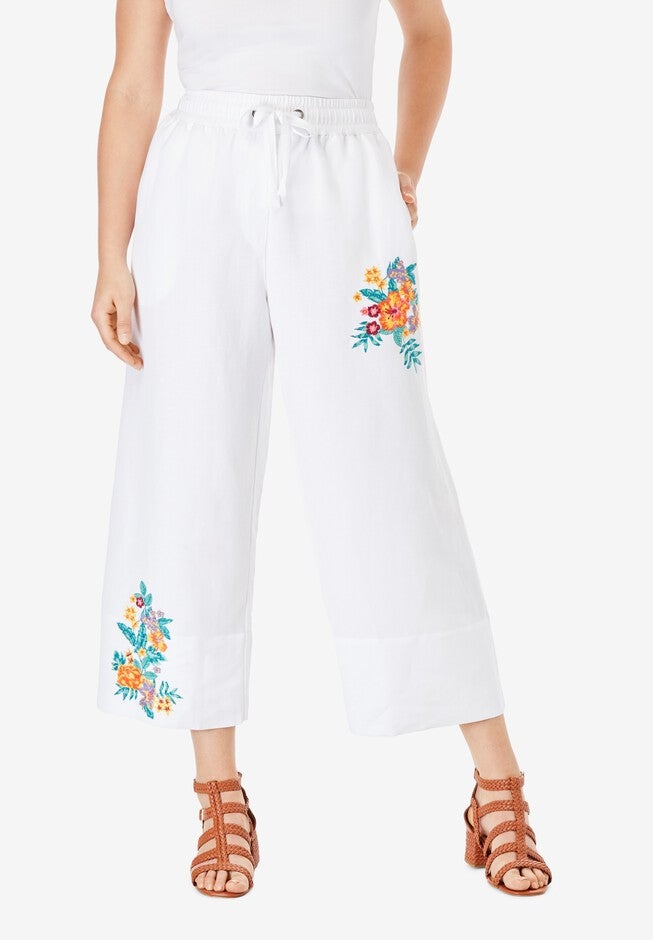 Linen Wide-Leg Crop Pant, TROPICAL BOUQUET EMBROIDERY, hi-res image number null