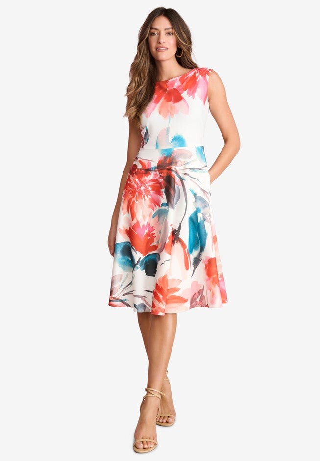 Fit-and-Flare Tank Dress, CORAL WHITE, hi-res image number null