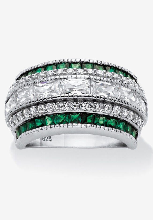 6.48 Cttw. Platinum-Plated Sterling Silver Emerald-Cut Cubic Zirconia Row Ring, SILVER, hi-res image number null