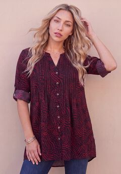 Plus Size Pintuck Tunic Blouse – Y-Neck & Roll-Tab Sleeves