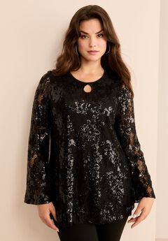 Flared Sleeve Keyhole Lace Tunic