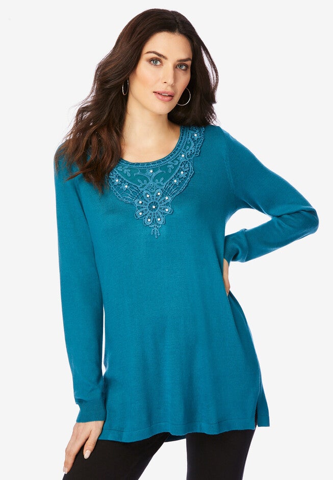 Lace-Applique Pullover Sweater, DEEP TEAL, hi-res image number null