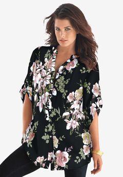 Plus Size Floral Y-Neck Pintuck Tunic – Adjustable Long Sleeve Button-Front, Relaxed Shirt Style