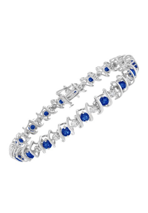 Sterling Silver Gemstone & Round Diamond Tennis Bracelet Blue Sapphire September Birthstone, , alternate image number null