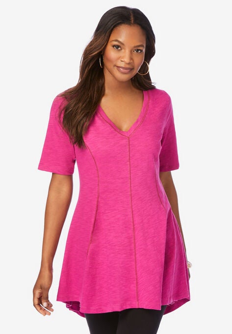 V-Neck High-Low Slub Tunic, RASPBERRY, hi-res image number null