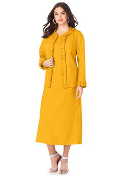 Plus Size Long Sleeve Pleated Jacket Dress Set – Elegant 2-Piece Sheath Suit