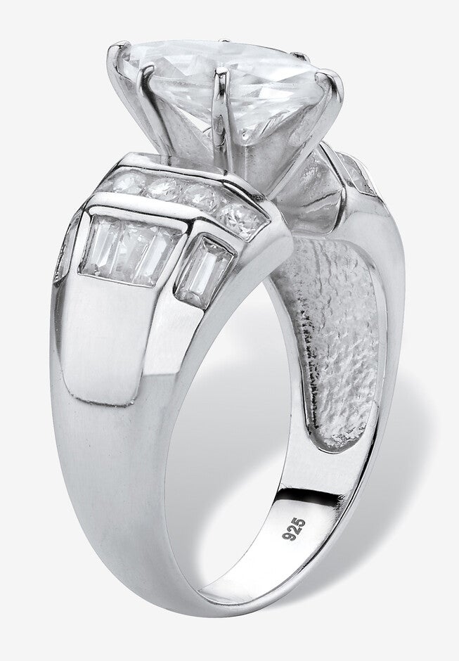 3.17 Cttw. Platinum-Plated Sterling Silver Marquise-Cut Cubic Zirconia Engagement Ring, , on-hover image number null