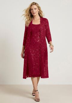 Plus Size 3/4 Sleeve Formal Duster Sequin – Embellished Lace Dress Set