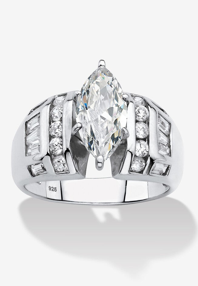 3.17 Cttw. Platinum-Plated Sterling Silver Marquise-Cut Cubic Zirconia Engagement Ring, SILVER, hi-res image number null