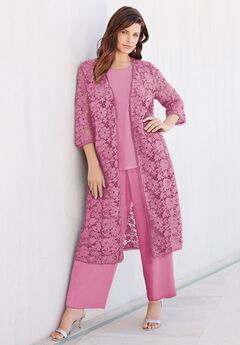 Extended Plus Size 3-Piece Allover Lace Duster Pant Set – Formal Wear