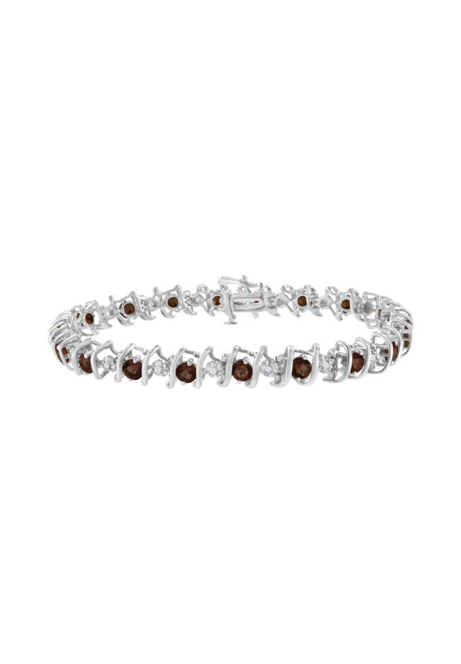 Sterling Silver Gemstone & Round Diamond Tennis Bracelet Garnet January Birthstone, WHITE, hi-res image number null