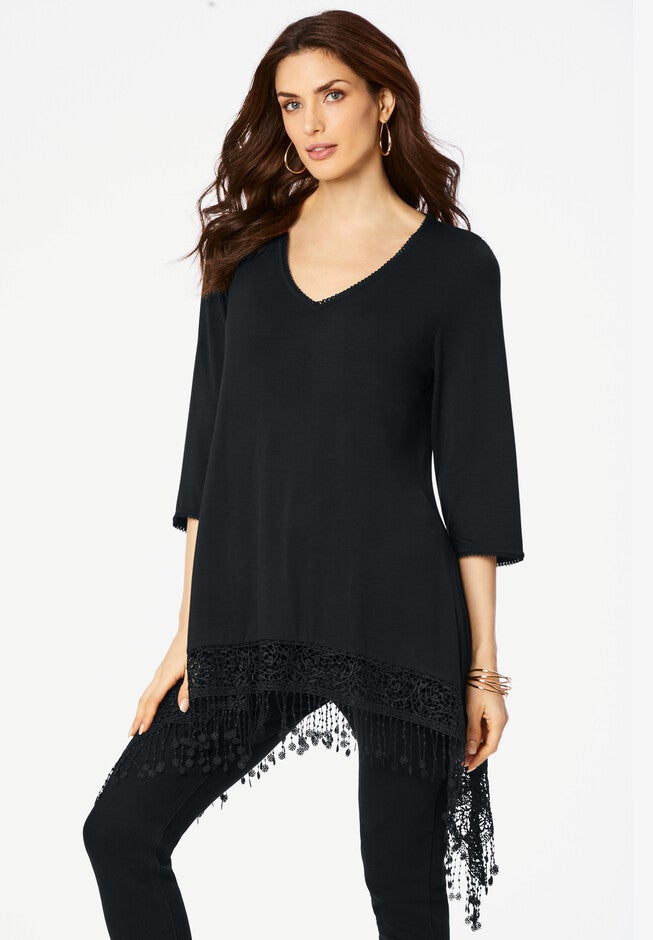 Lace and Fringe-Trimmed Tunic, BLACK, hi-res image number null