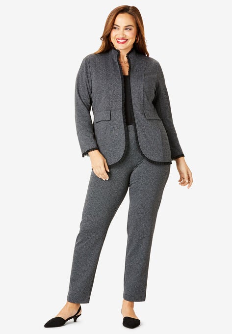 2 Piece Ponte Pantsuit With Ruffle Trim Plus Size Pantsuits