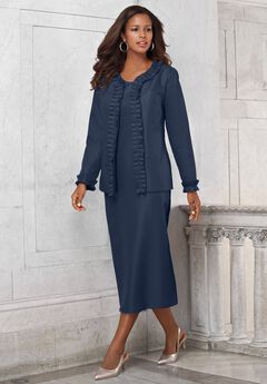 Plus Size Long Sleeve Pleated Jacket Dress Set – Elegant 2-Piece Sheath Suit