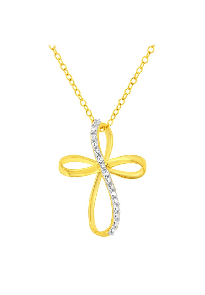 Yellow Gold Plated Sterling Silver Diamond Accent Cross Ribbon Pendant Necklace, YELLOW GOLD SILVER, hi-res image number null
