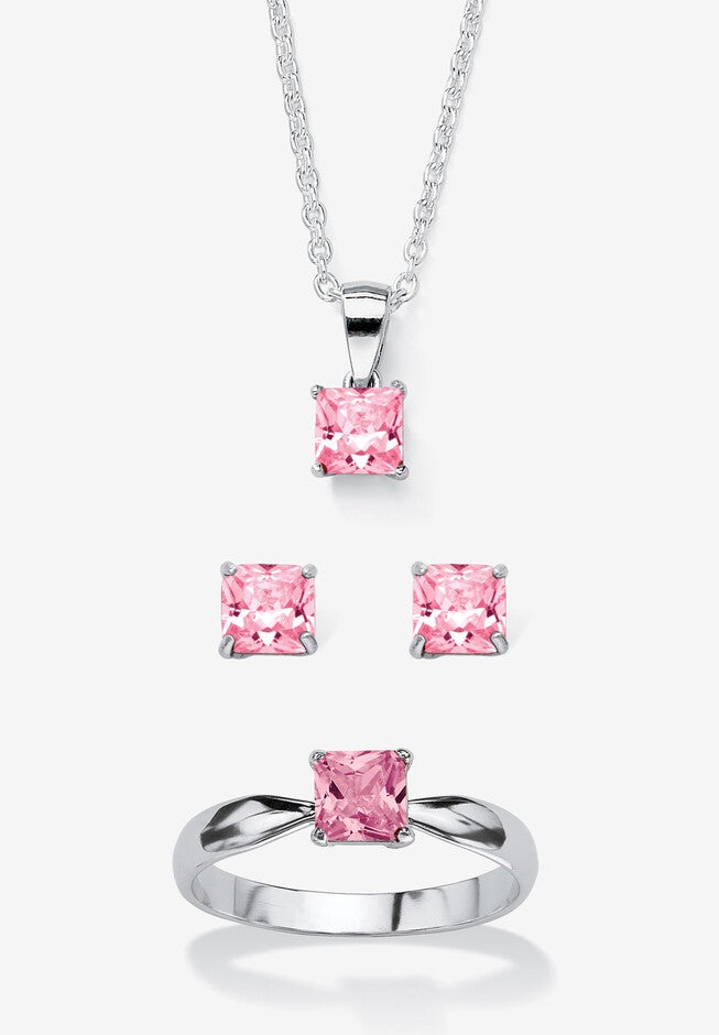 3-Piece Birthstone .925 Silver Necklace, Earring And Ring Set 18 inches, JUNE, hi-res image number null