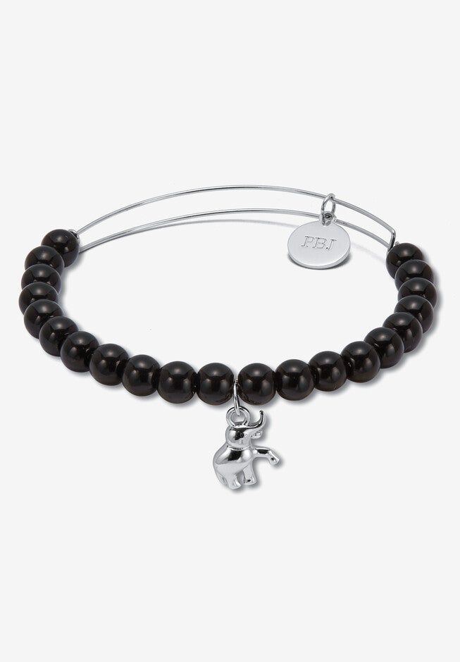 Natural Black Onyx Silvertone Elephant Charm Bangle, 7.5 Inches, BLACK, hi-res image number 0