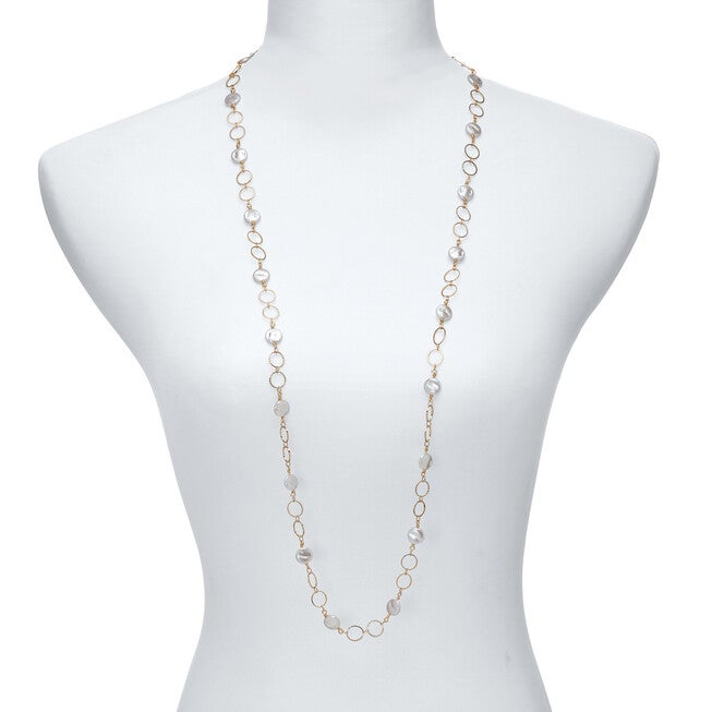 Round Genuine Mother of Pearl Hammered Goldtone Endless Necklace, 40 inches, WHITE, alternate image number 3