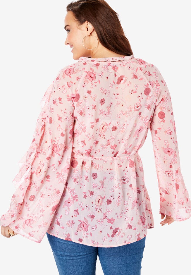 Ruffle-Sleeve Tunic with Tie Waist, , on-hover image number null