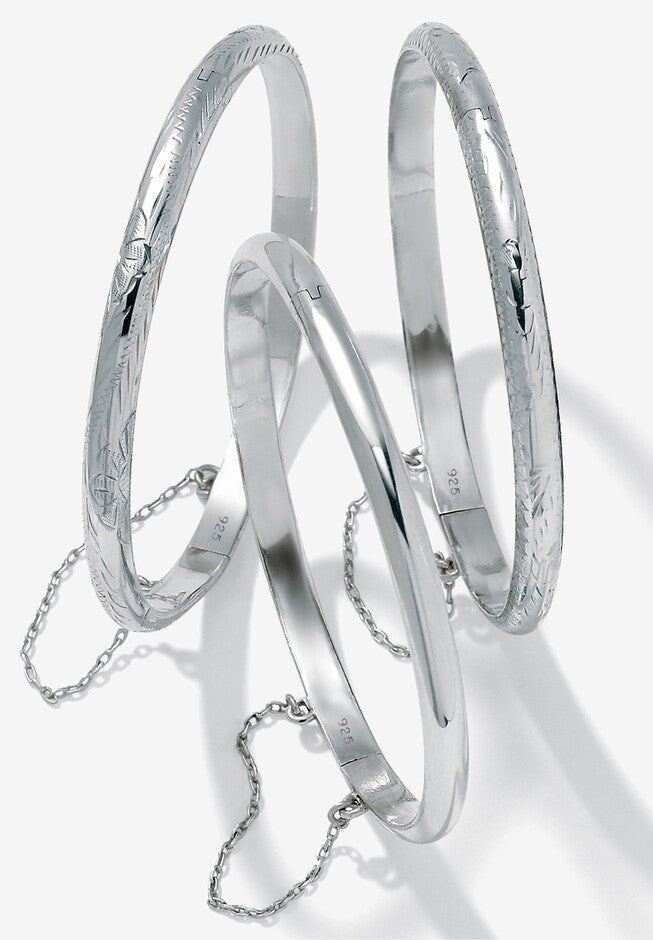 Polished, Engraved And Floral Three-Piece Bangle Set In .925 Sterling Silver Jewelry, , on-hover image number null