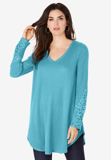 V-Neck Lace-Sleeve Thermal Tunic, SOFT TURQUOISE, hi-res image number null