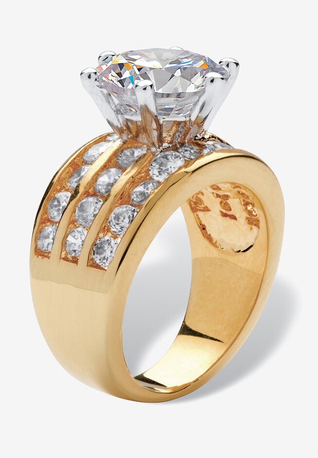 Goldtone Round Cubic Zirconia Triple Row Engagement Ring, , on-hover image number 1