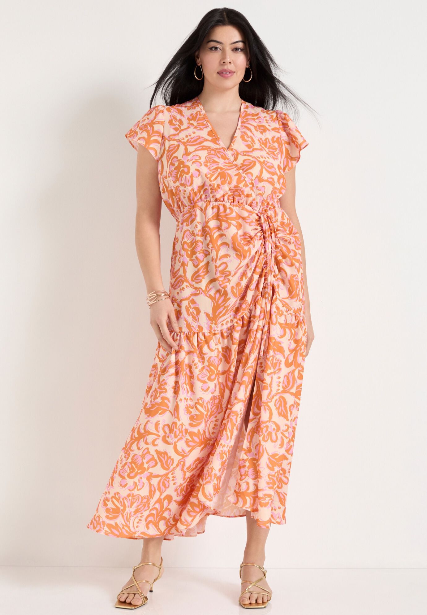 Faux-Wrap Maxi Dress, BOUQUET ORANGE, alternate image number 4
