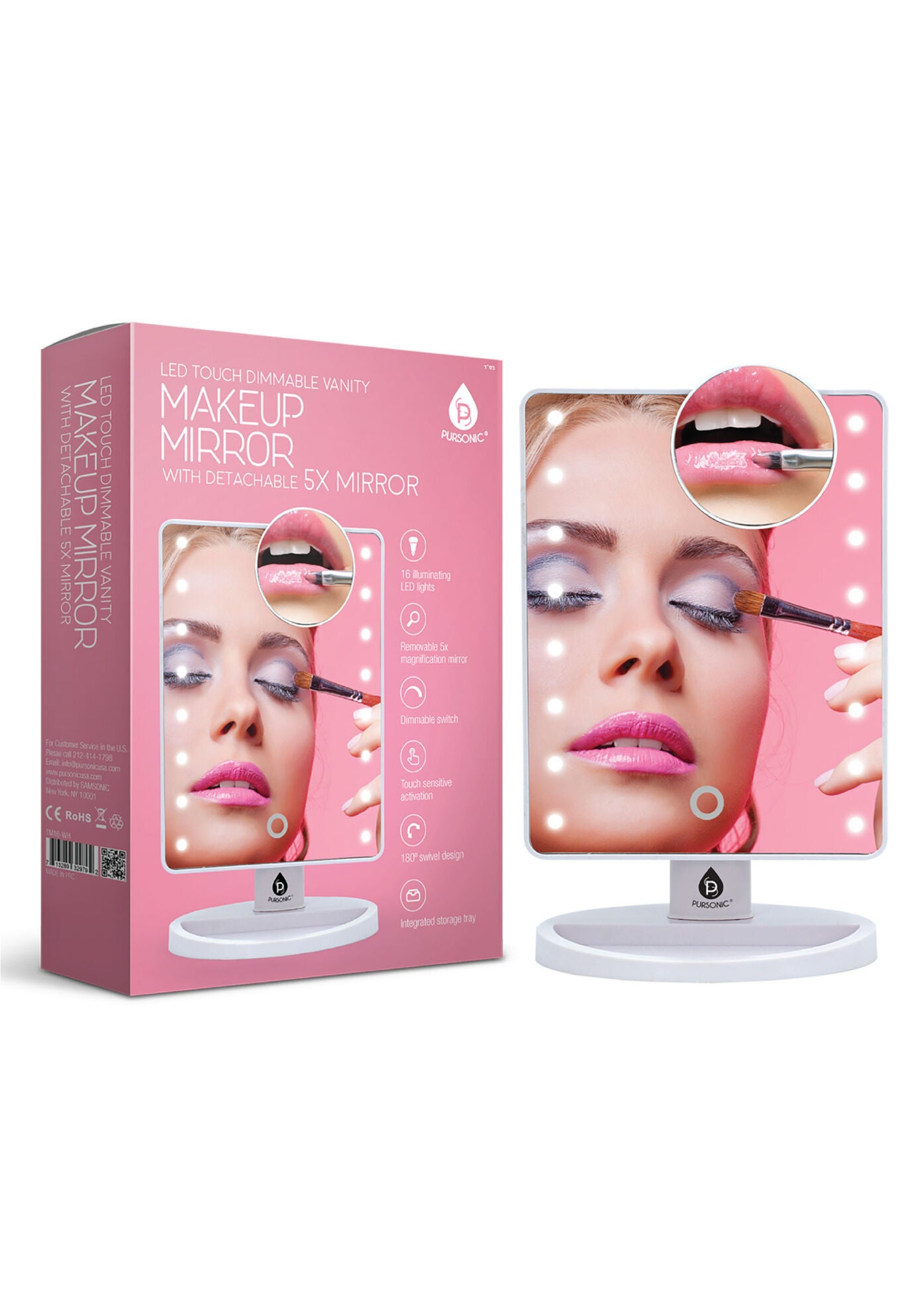 Led Vanity Makeup Mirror W/5X Detachable Mirror, WHITE, hi-res image number 0