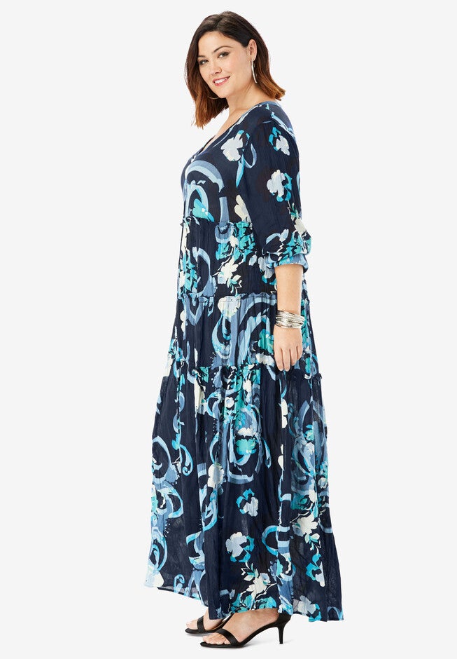 Tiered Crinkle Maxi Dress with Blouson Sleeves, , alternate image number 2