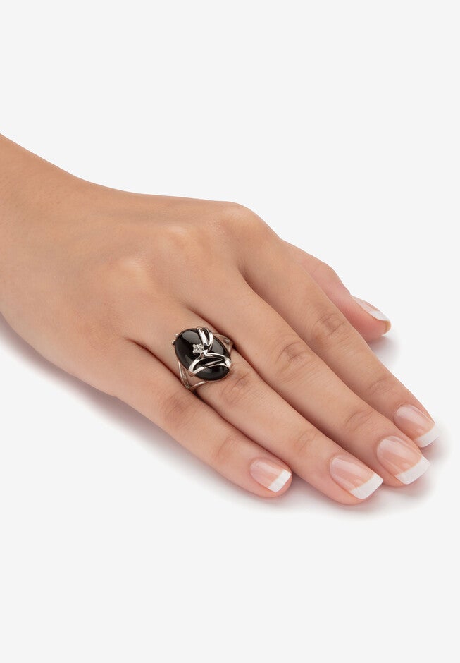 Oval-Shaped Onyx & Crystal Accent Cocktail Ring In Platinum-Plated, , alternate image number 2
