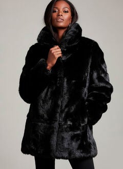 Plus Size Mid-Length Hooded Faux Fur Coat