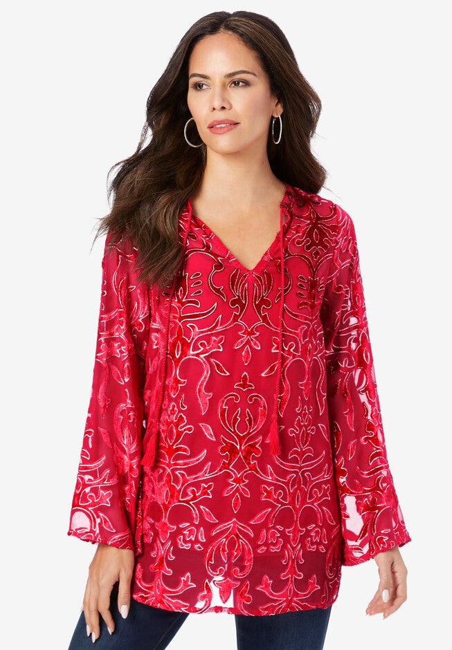 Fashionable Embellished Burnout Tunic, Vivid Red Roaman's