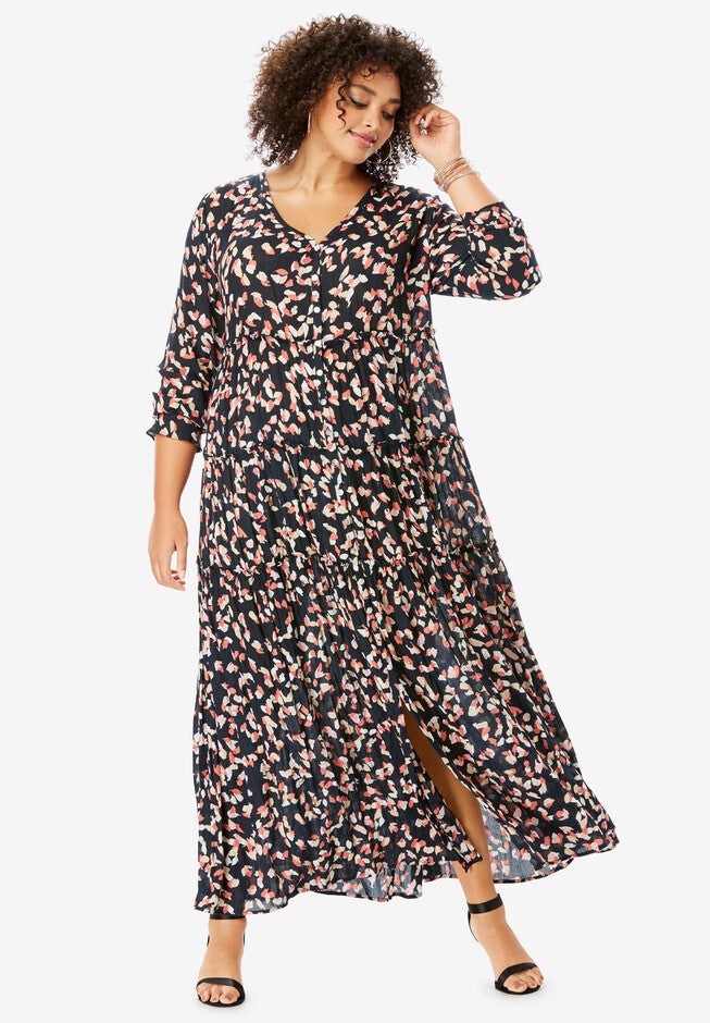 Tiered Crinkle Maxi Dress with Blouson Sleeves, NO COLOR, hi-res image number 0