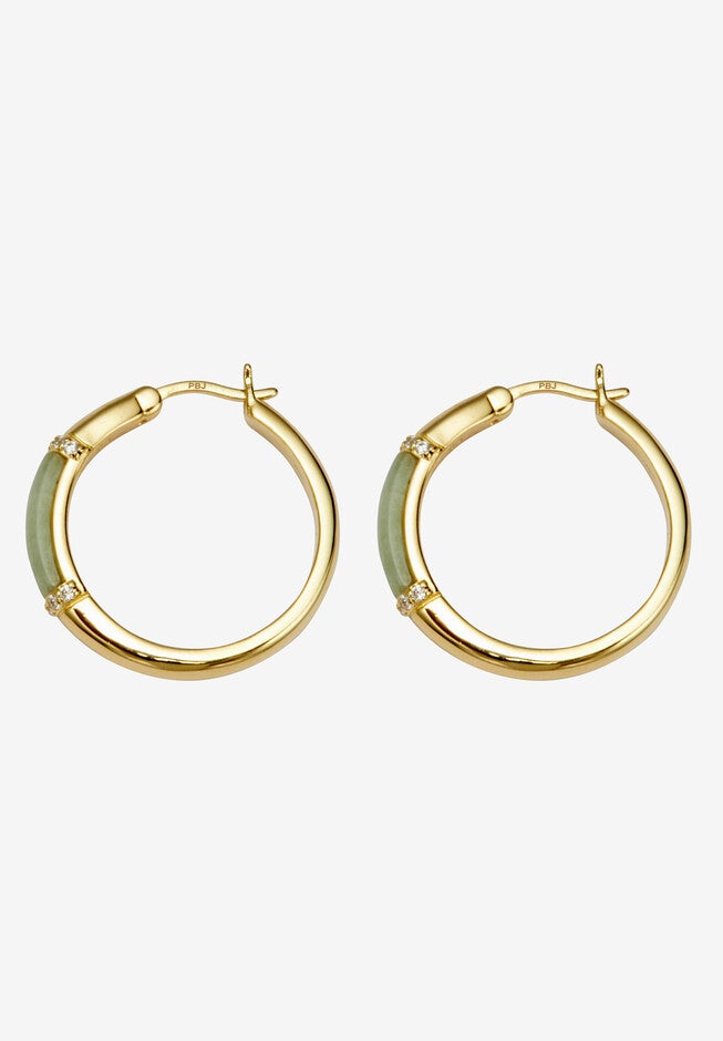 .18 Tcw Cz Cabochon Cut Genuine Green Jade 18K Yellow Gold-Plated Hoop Earrings, , on-hover image number 1