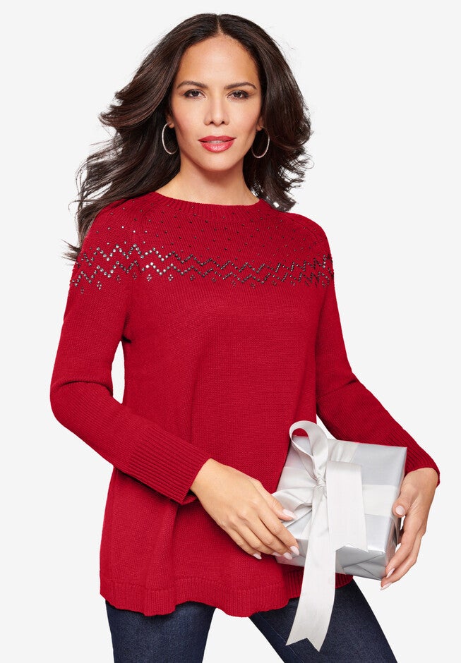 Embellished Fair Isle Sweater, CLASSIC RED EMBELLISHED FAIR ISLE, hi-res image number null