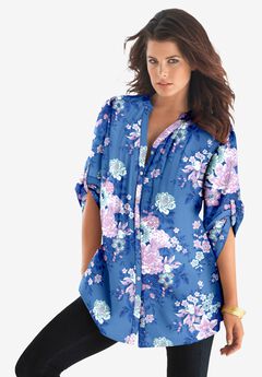 Plus Size Floral Y-Neck Pintuck Tunic – Adjustable Long Sleeve Button-Front, Relaxed Shirt Style