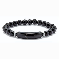 Genuine Black Agate Beaded Silvertone Stretch Bracelet 7-inch