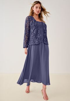 Plus-Size 2 Piece Long Sleeve Embellished Lace Jacket and Full Gown