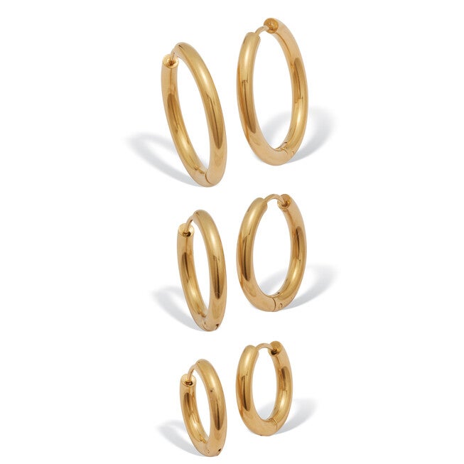 3-Pair Gold Ion-Plated Stainless Steel Hoops, 5/8 inches, 7/10 inches and 1 inches, YELLOW, hi-res image number 0