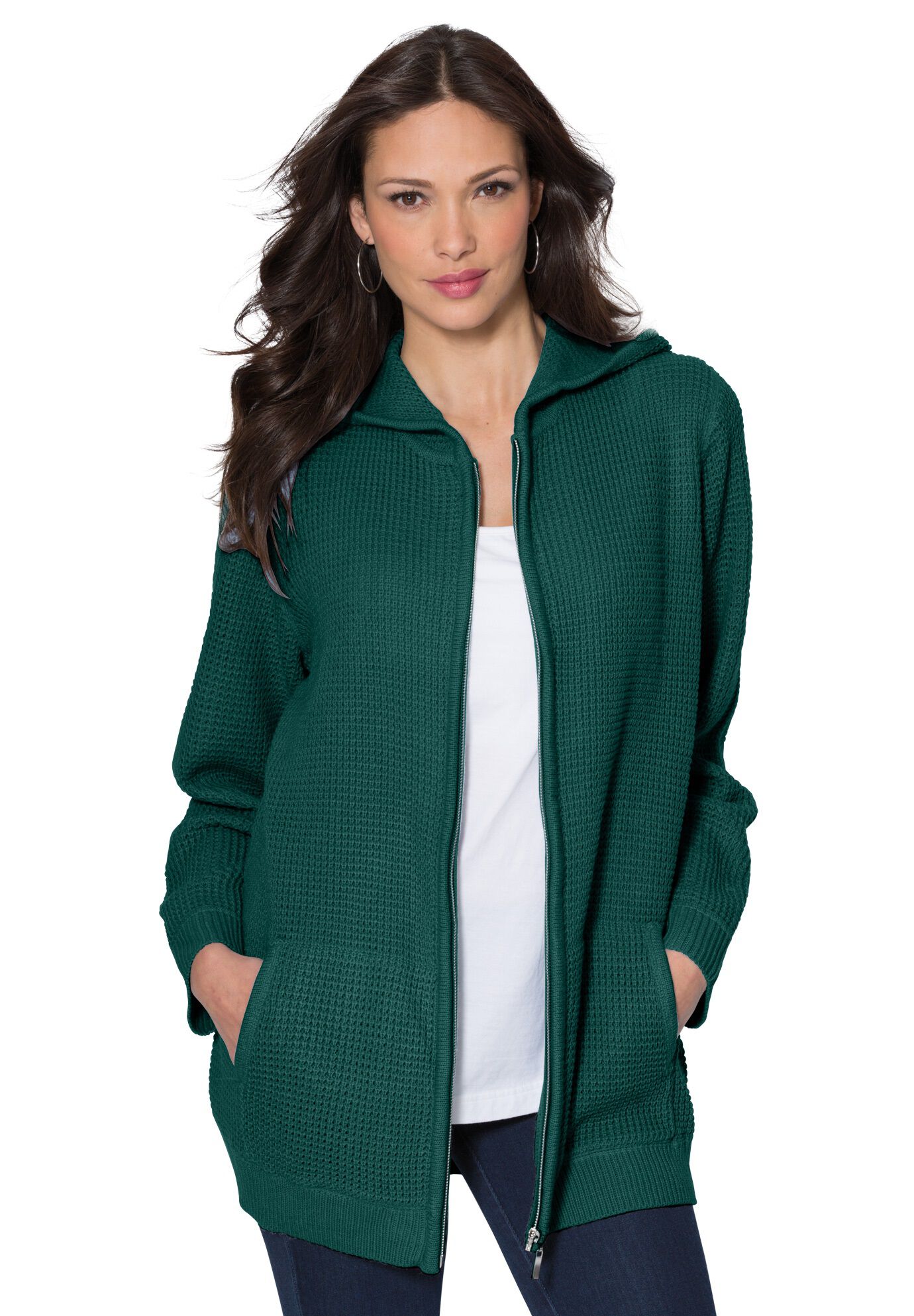 Plus Size Waffle Knit Zip Hoodie, EMERALD GREEN, hi-res image number 0