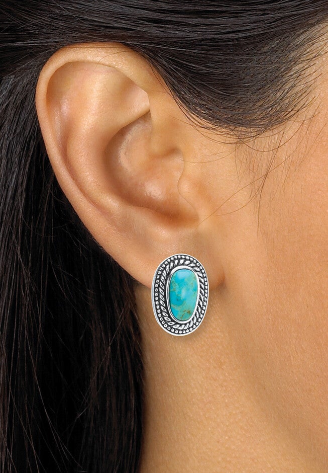 Genuine Blue Turquoise Sterling Silver Cabochon Bohemian Earrings, , alternate image number 2