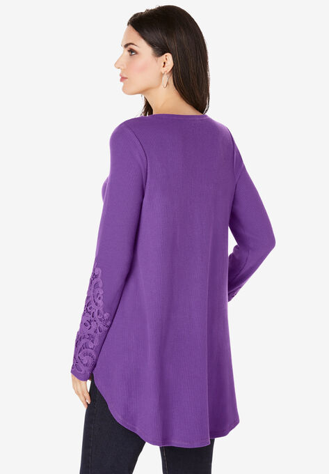 V-Neck Lace-Sleeve Thermal Tunic, , on-hover image number null