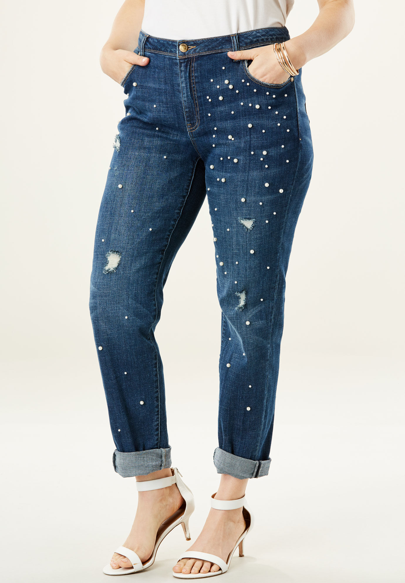 pearl embellished jeans plus size
