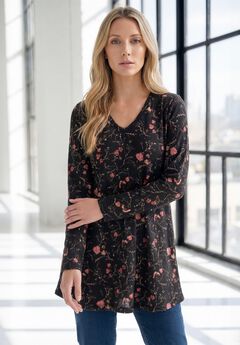 Plus Size Knit Thermal V Neck Swing Tunic – Long Sleeve